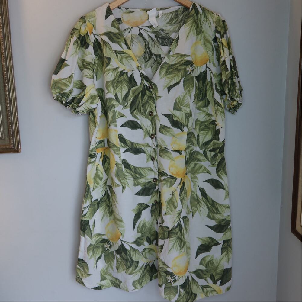 Lemon Print Linen Blend Button Front Puff Sleeve Dress Size XL Cottage
